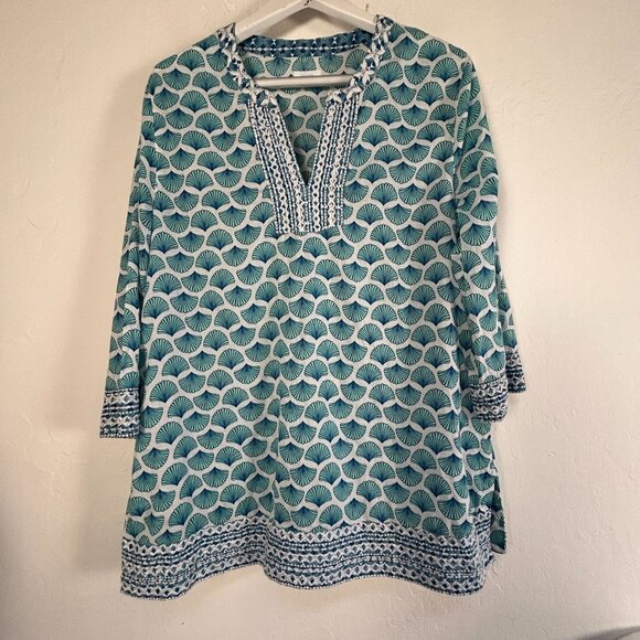Sigrid Olsen Womens Blue & White Shell Print 3/4 Sleeve Tunic Top XL 100% Cotton - Picture 1 of 7